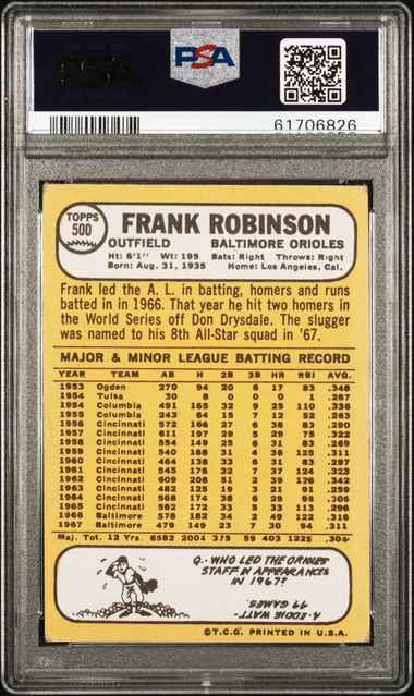 Graded 1968 Topps Frank Robinson #500 Baseball Card PSA 4 VG-EX