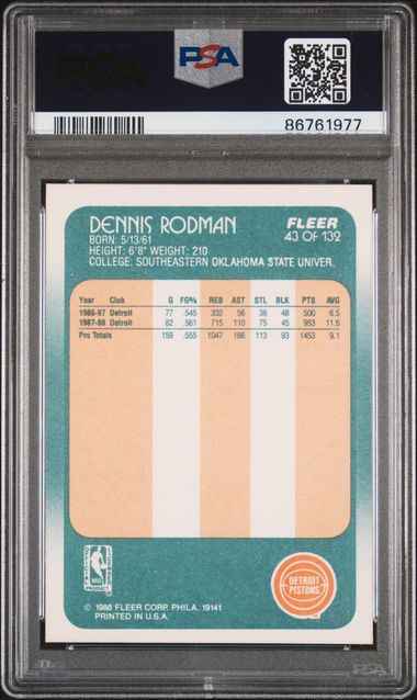 Graded 1988 Fleer Dennis Rodman #43 Rookie RC Basketball Card PSA 9 Mint
