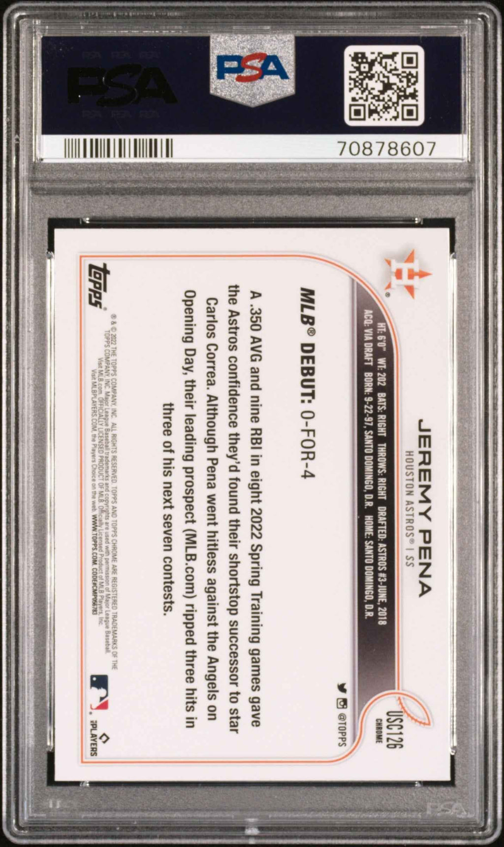 Graded 2022 Topps Chrome Update Jeremy Pena #USC126 Rookie RC Baseball Card PSA 10 Gem Mint