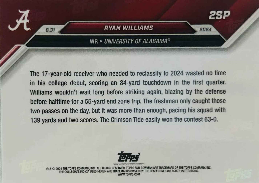 2024 Topps Bowman U Now Ryan Williams #2SP Alabama Crimson Rookie RC Football Card