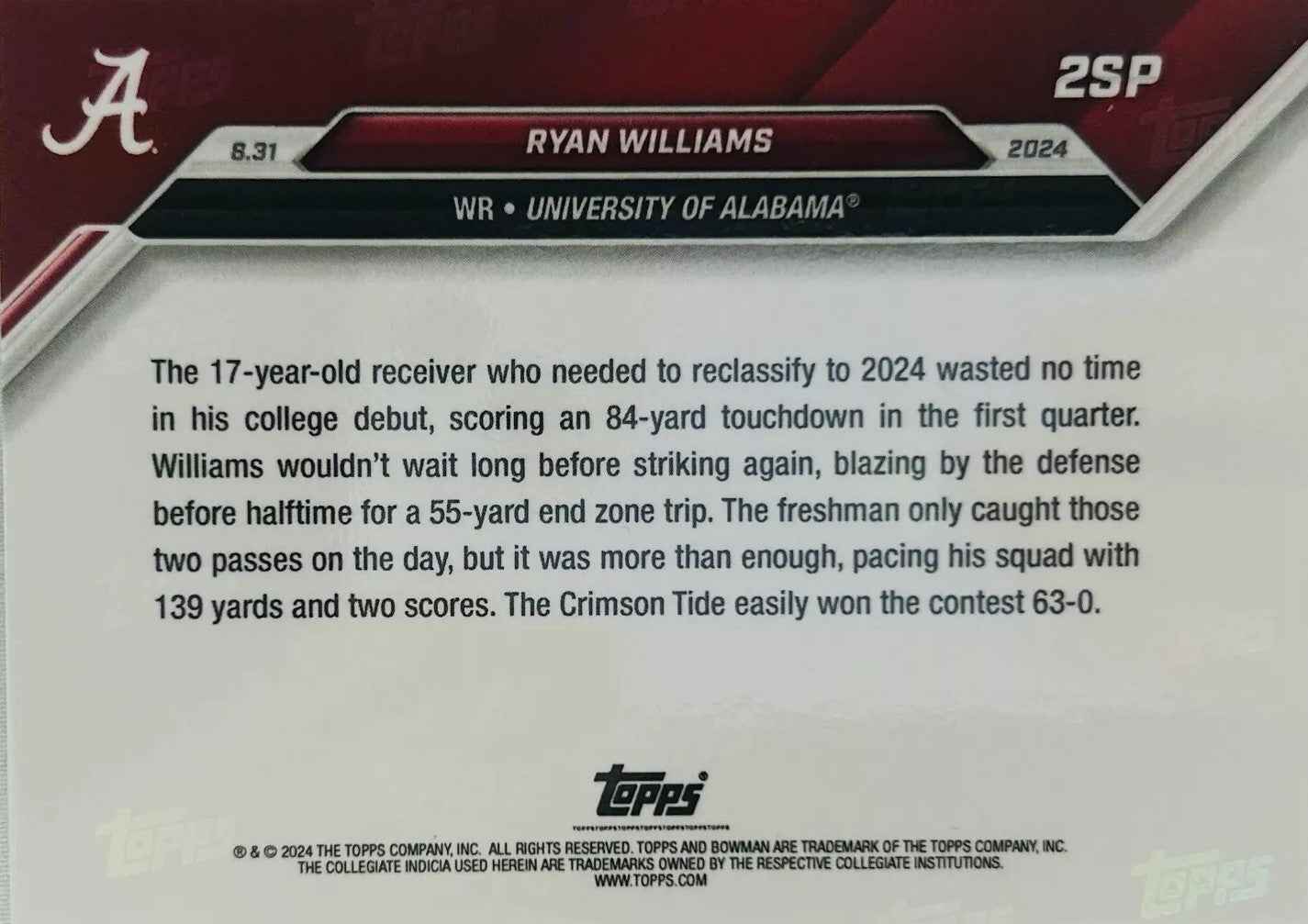 2024 Topps Bowman U Now Ryan Williams #2SP Alabama Crimson Rookie RC Football Card