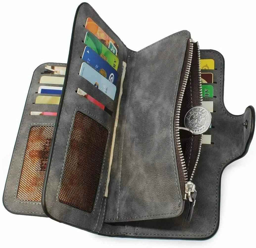 Vintage Faux Leather Long Wallet – Trifold Credit Card Holder with Snap & Zipper