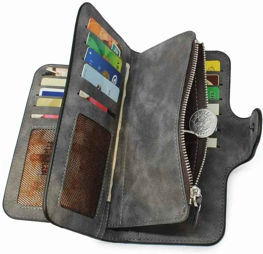 Vintage Faux Leather Long Wallet – Trifold Credit Card Holder with Snap & Zipper