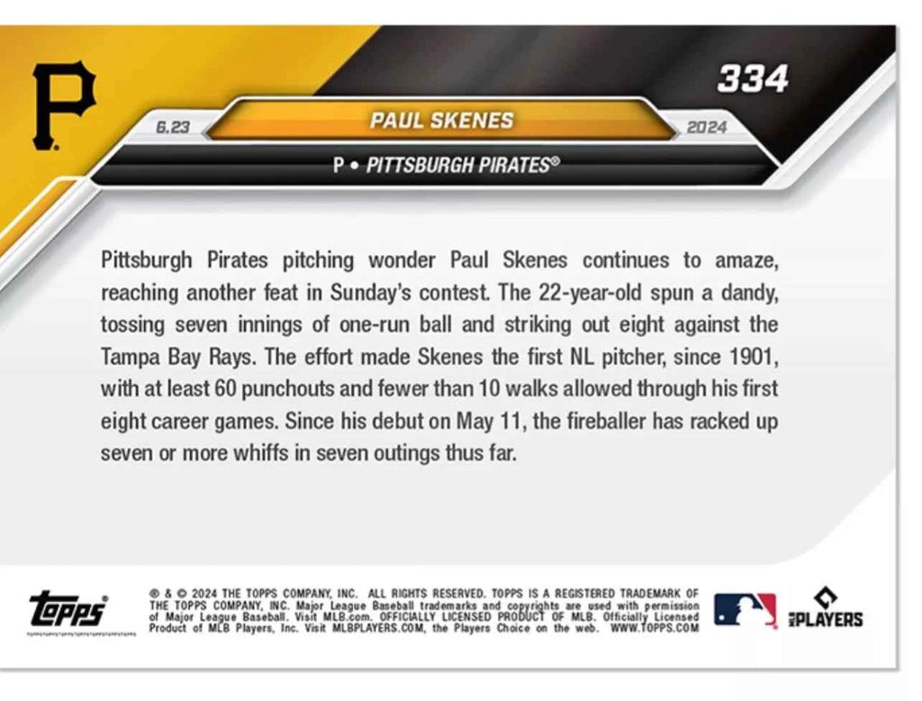 2024 Topps Now Paul Skenes #334 Blue #/49 Rookie RC Baseball Card