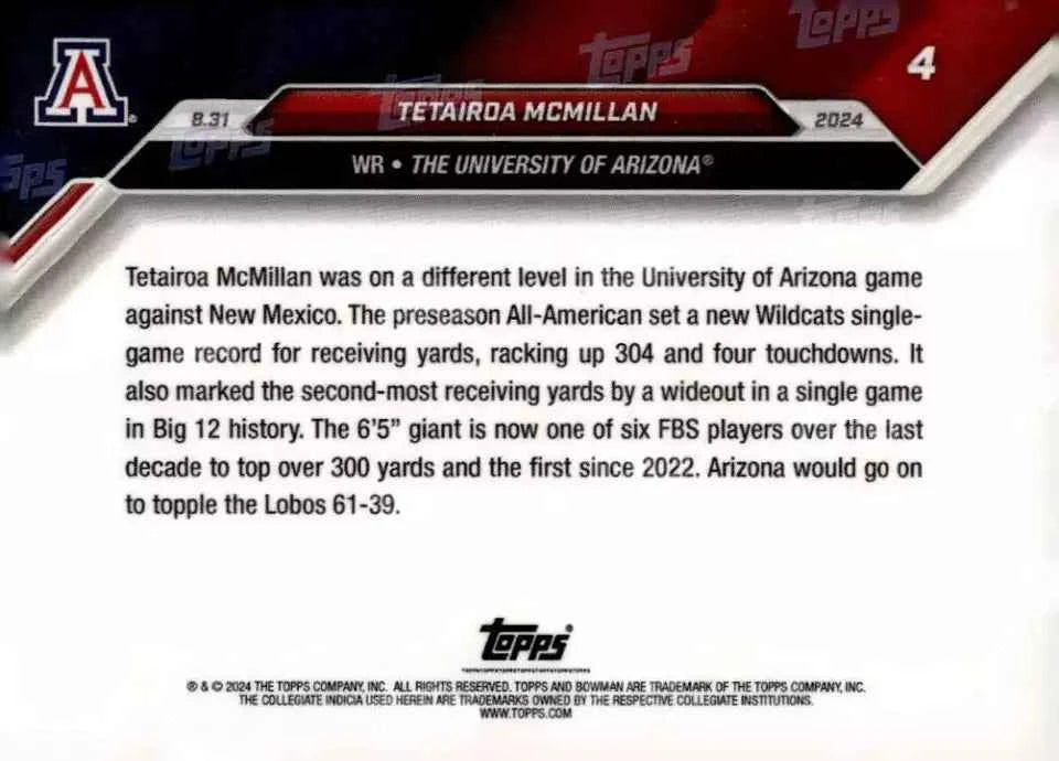 2024 Topps Bowman U Now Tetairoa McMillan #4 Purple #/25 Arizona Wildcats Football Card