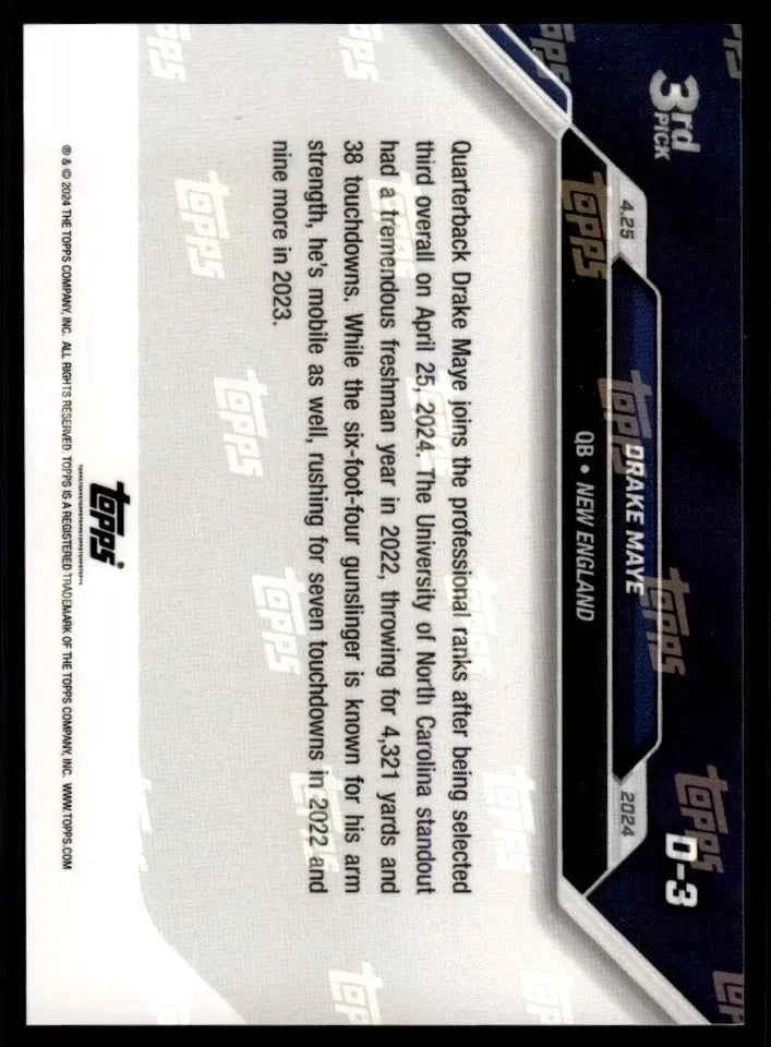 2024 Topps Now Drake Maye #D3 Rookie RC Football Card