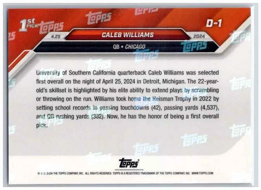 2024 Topps Now Caleb Williams #D1 Rookie RC Football Card