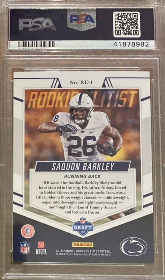 Graded 2018 Panini Donruss Elite Saquon Barkley #RE1 Rookie Elitist Rookie RC Football Card PSA 10 Gem Mint