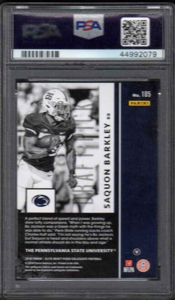Graded 2018 Panini Elite DP Collegiate Saquon Barkley #105 Blue Jersey Rookie RC Football Card PSA 10 Gem Mint
