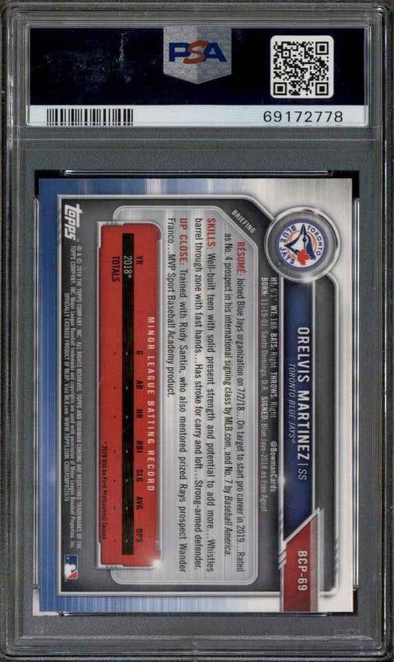 Graded 2019 Topps Bowman Orelvis Martinez #69 Prospects Chrome Rookie RC Baseball Card PSA 10 Gem Mint