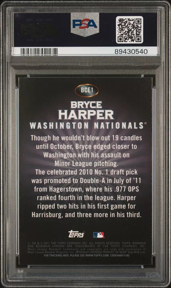 Graded 2011 Topps Bowman Chrome Bryce Harper #BCE1 Retail Exclusives Silver Rookie RC Baseball Card PSA 10 Gem Mint