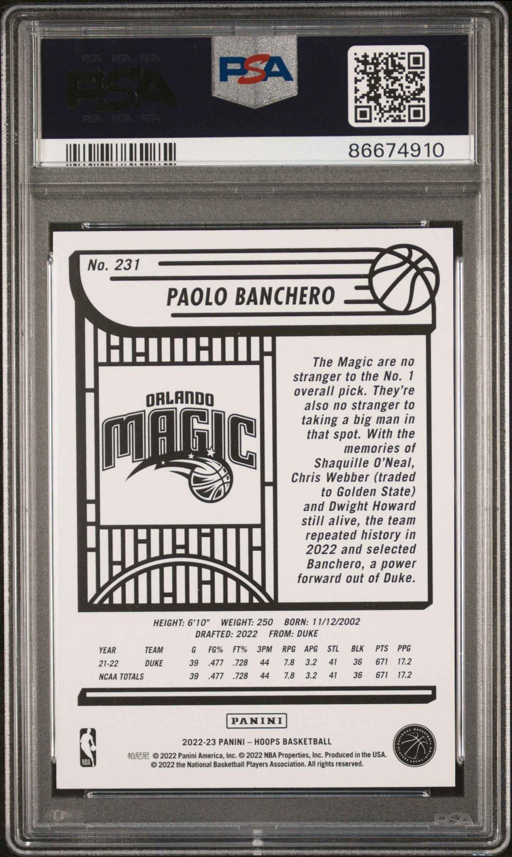 Graded 2022 Panini NBA Hoops Paolo Banchero #231 Rookie RC Basketball Card PSA 9 Mint