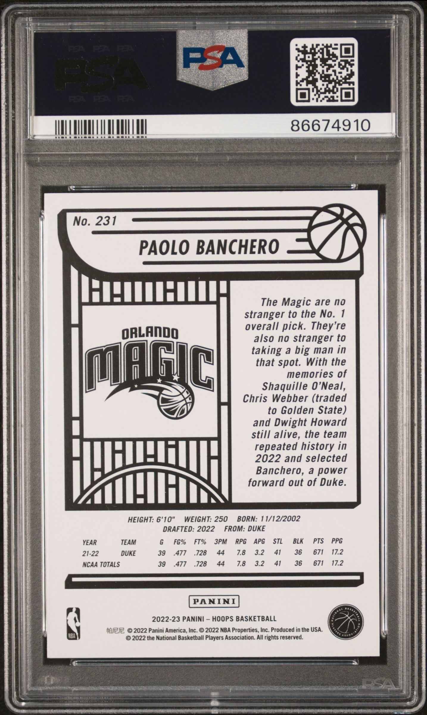Graded 2022 Panini NBA Hoops Paolo Banchero #231 Rookie RC Basketball Card PSA 9 Mint