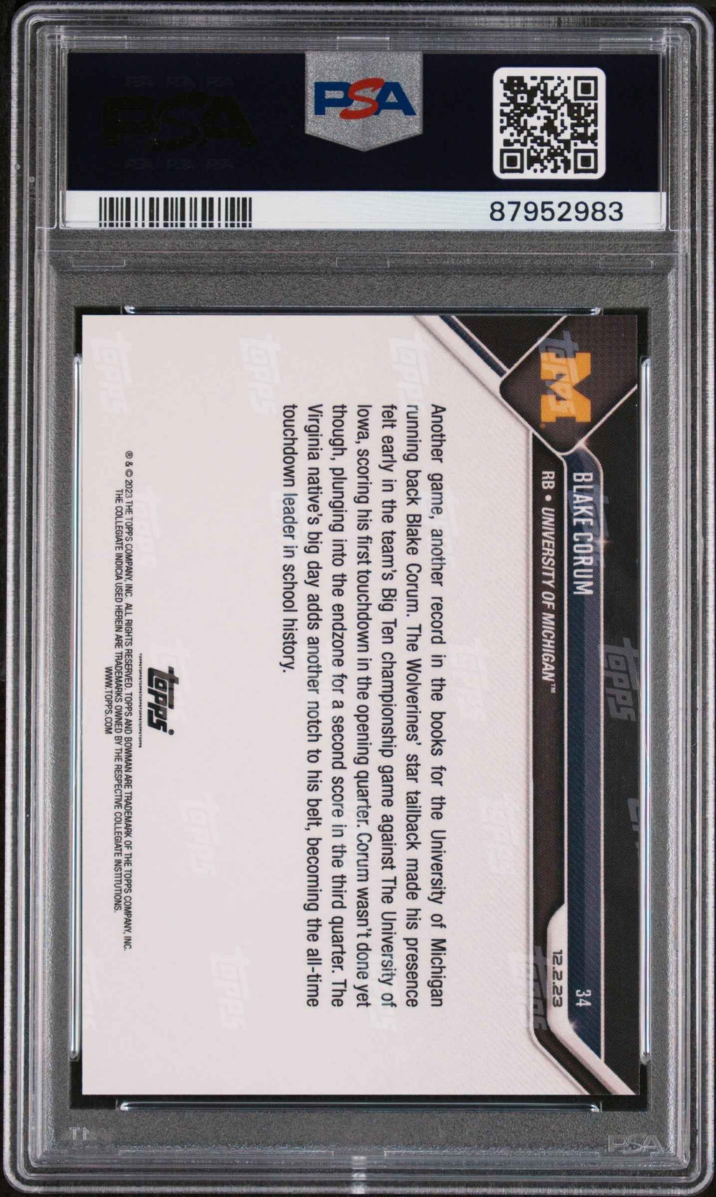Graded 2023 Topps Bowman U Now Blake Corum #34 Rookie RC Football Card PSA 10 Gem Mint