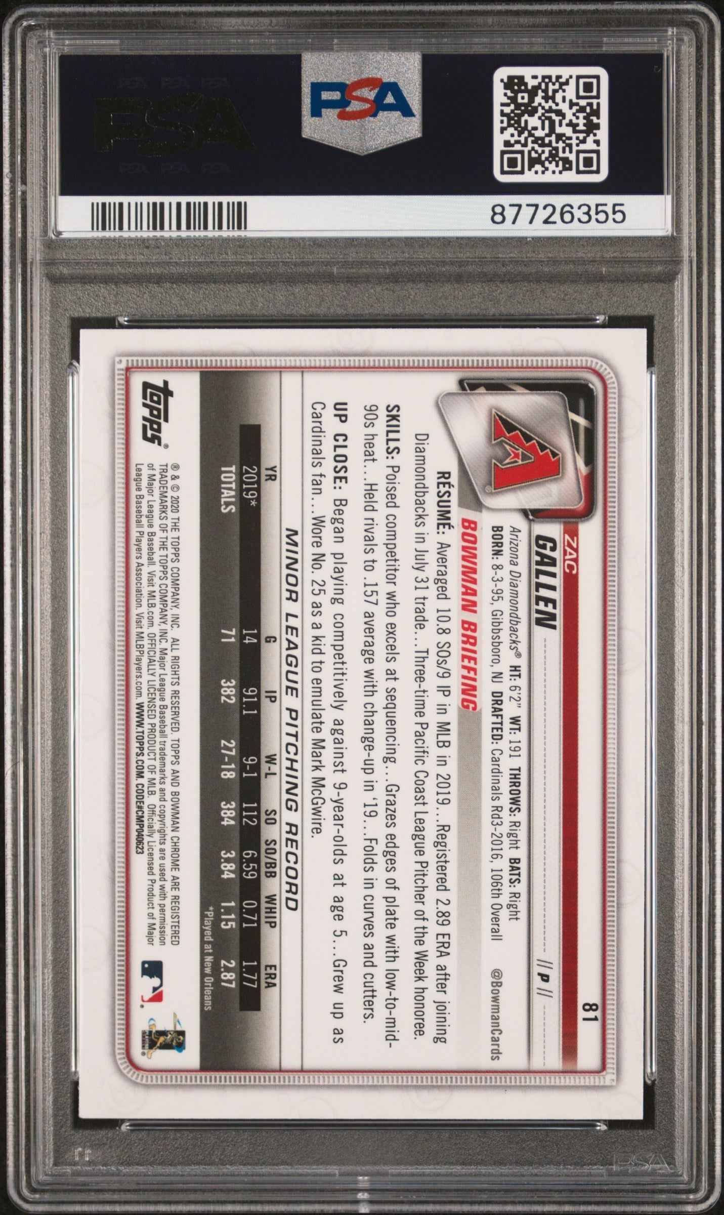 Graded 2020 Topps Bowman Chrome Zac Gallen #81 Rookie RC Baseball Card PSA 10 Gem Mint