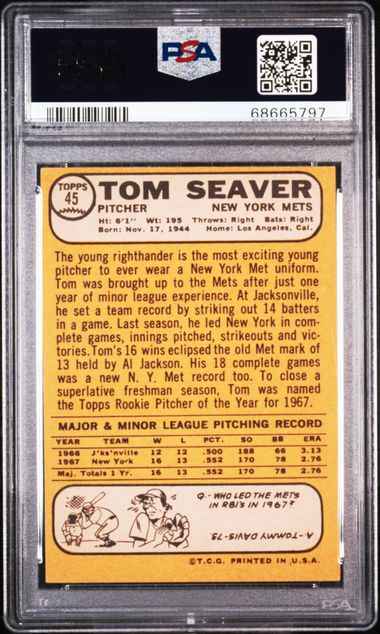 Graded 1968 Topps Tom Seaver #45 All Star Rookie Baseball Card PSA 5 EX