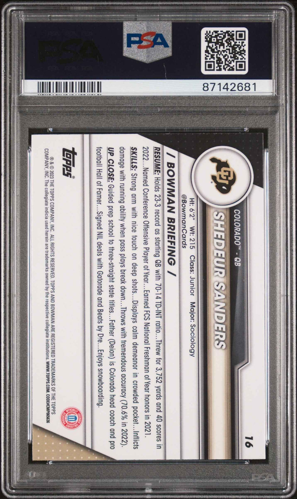 Graded 2023 Topps Bowman U Chrome Shedeur Sanders #16 Purple Shimmer Rookie RC Football Card PSA 10 Gem Mint