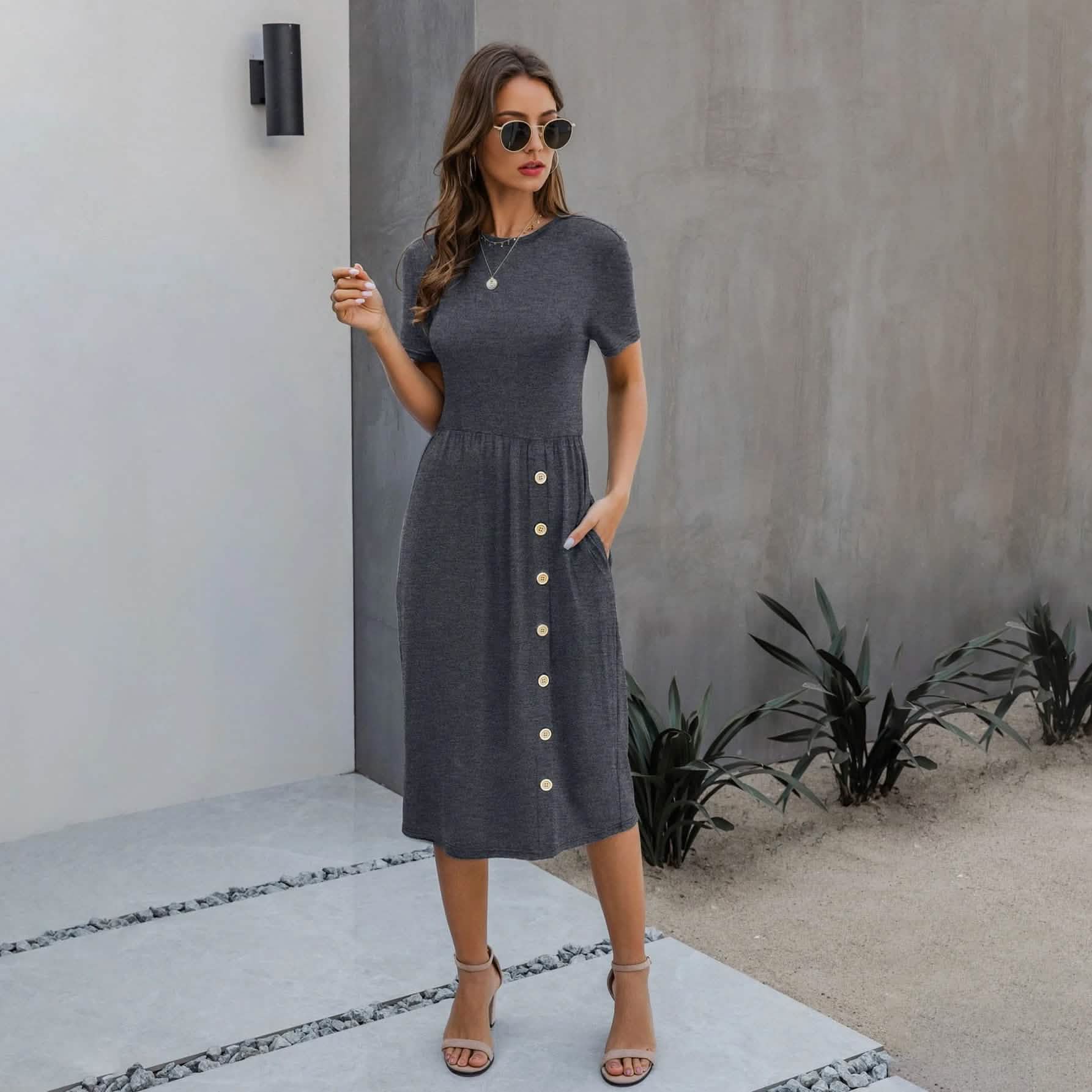 Slant Pocket Button Detail Dress