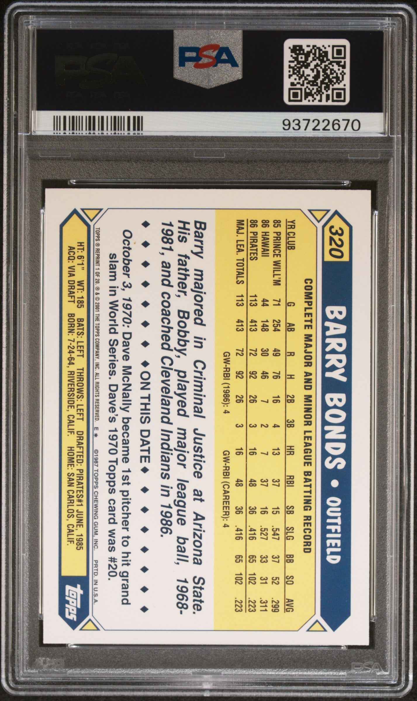 Graded 2001 Topps Archives Barry Bonds #1 Future Rookie Reprint Baseball Card PSA 10 Gem Mint