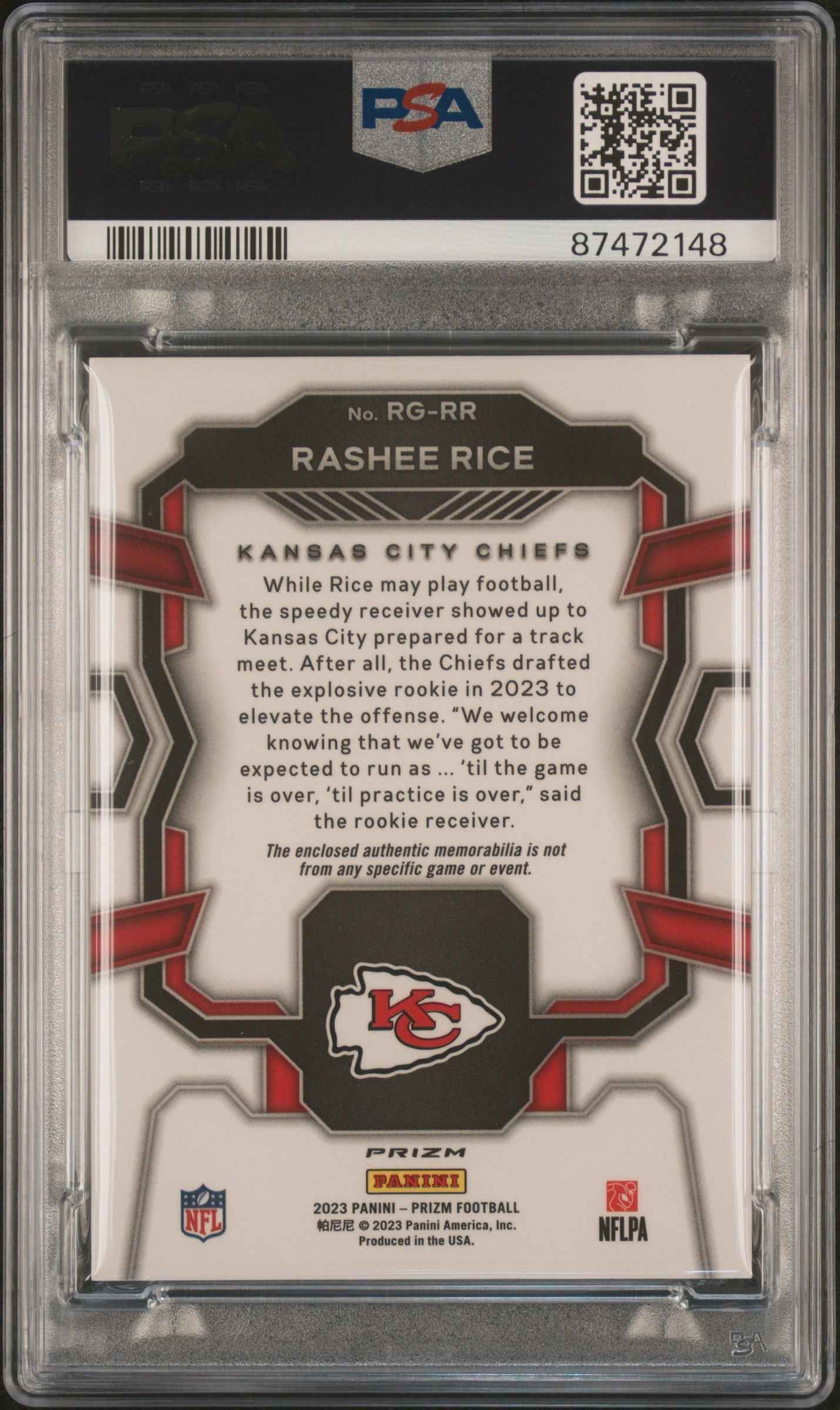 Graded 2023 Panini Prizm Rashee Rice #RGRR Rookie Gear Neon Green Pulsar Rookie RC Football Card PSA 10 Gem Mint