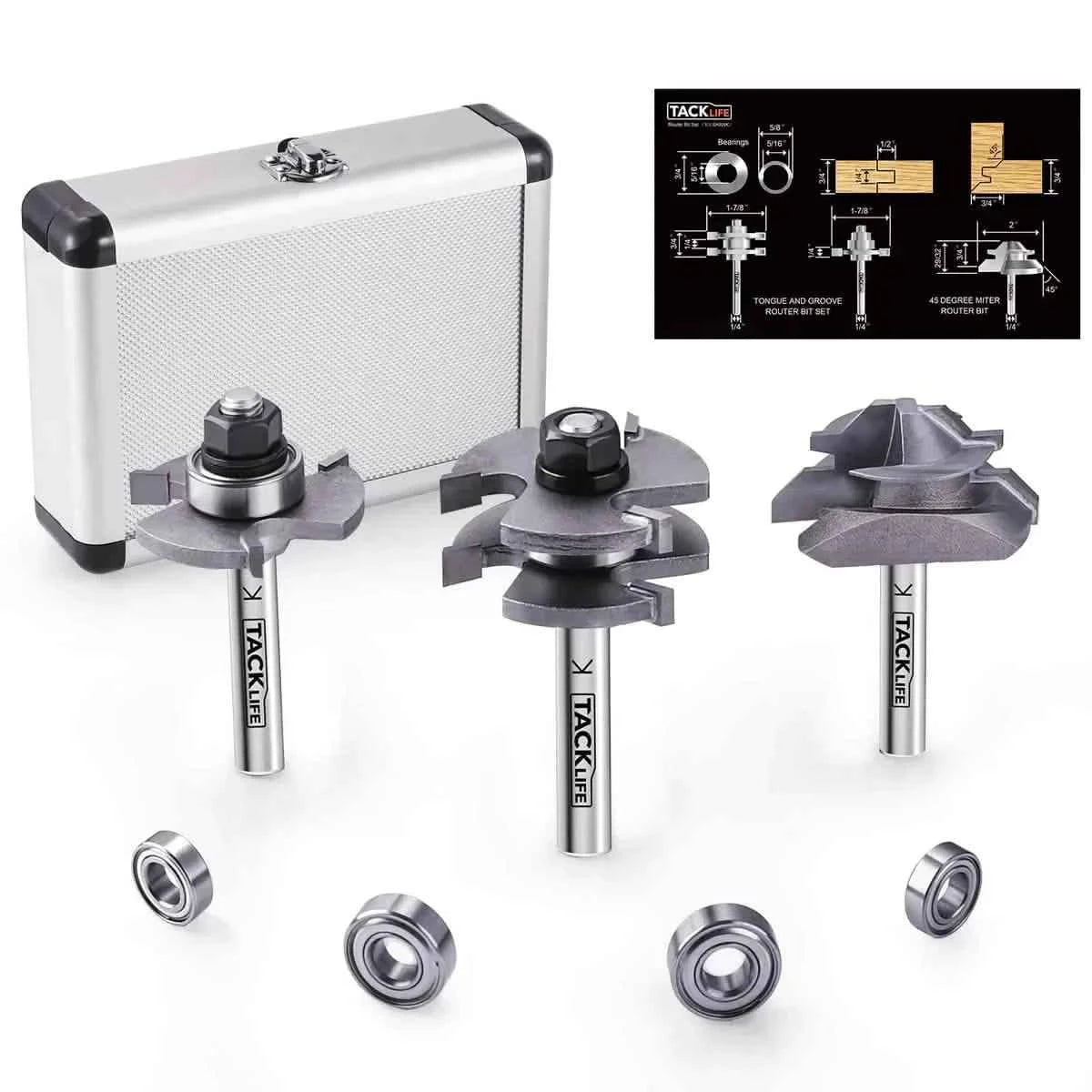 TACKLIFE Router Bit Set 1/4 Shank, Tongue and Groove Router Bit Set with 4Pcs Bearings Set RB31C