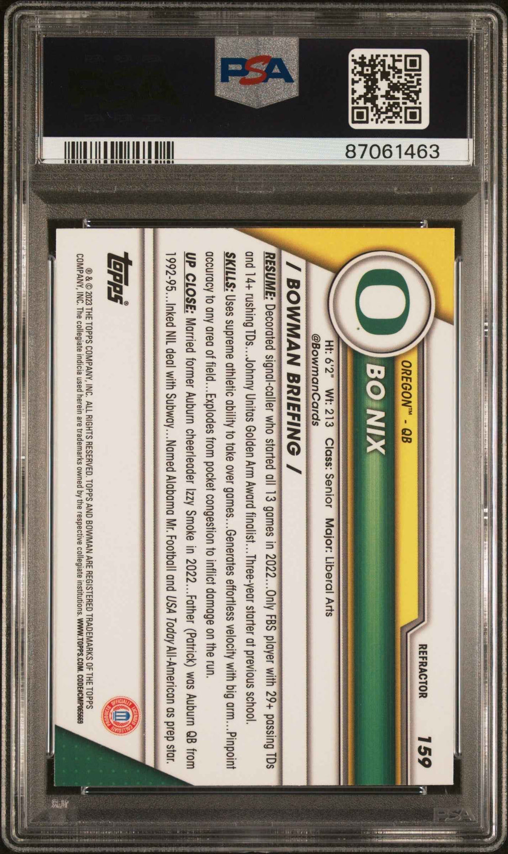 Graded 2023 Topps Bowman U Chrome Bo Nix #159 Refractor Rookie RC Football Card PSA 10 Gem Mint