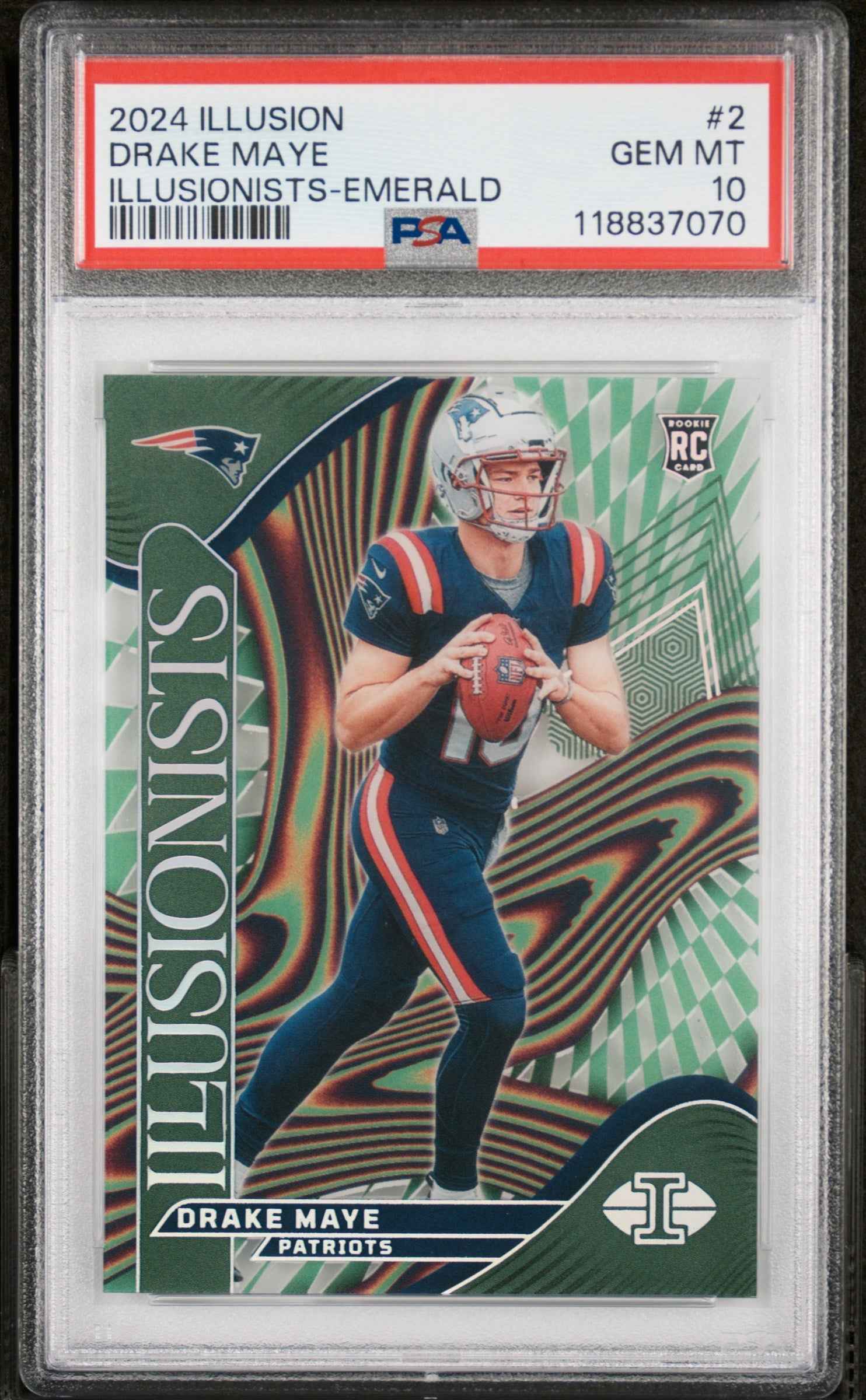 Graded 2024 Panini Illusions Drake Maye #2 Illusionists Emerald Rookie RC Football Card PSA 10 Gem Mint