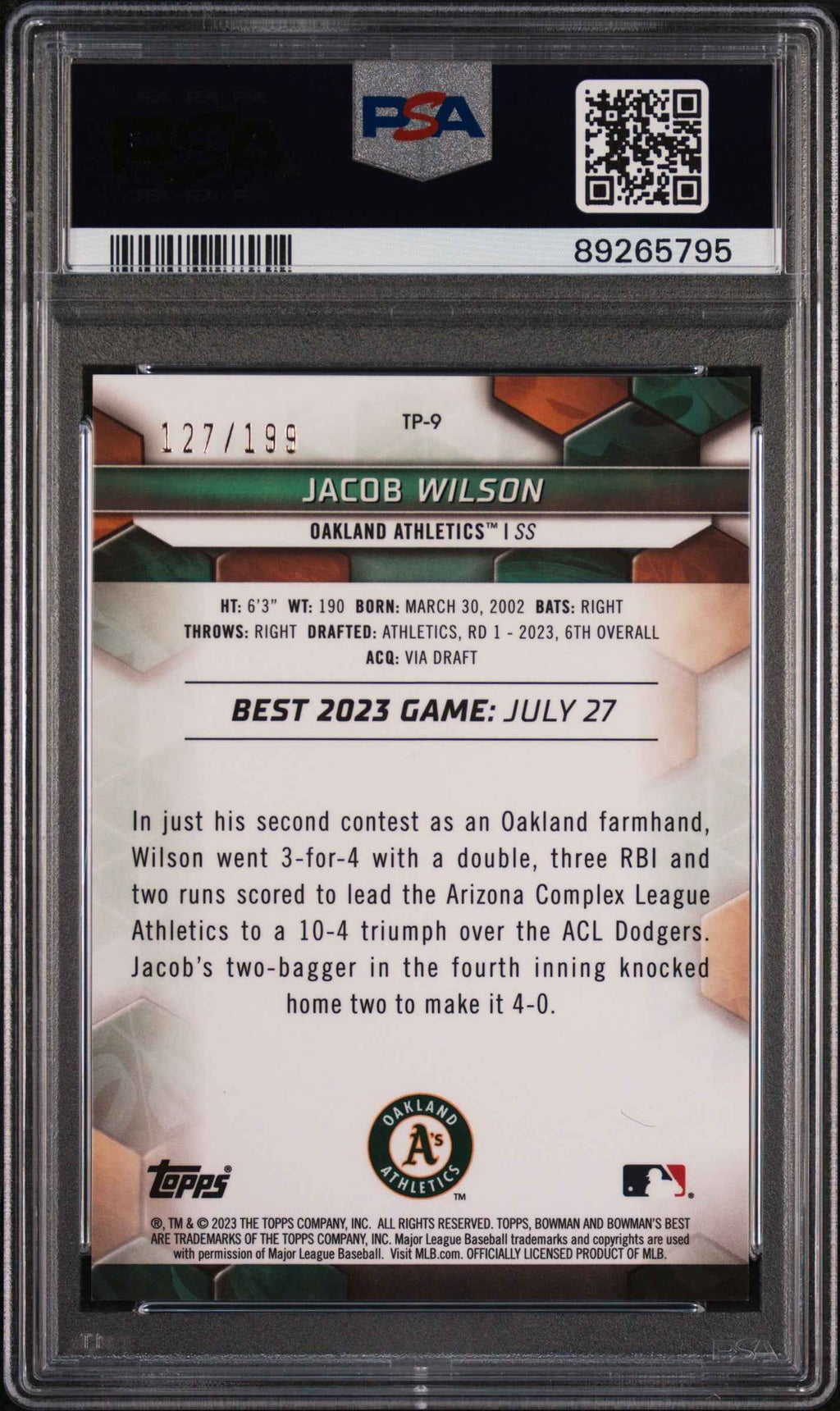 Graded 2023 Topps Bowmans Best Jacob Wilson #TP9 Top Prospects Aqua Lava #/199 Rookie RC Baseball Card PSA 10 Gem Mint