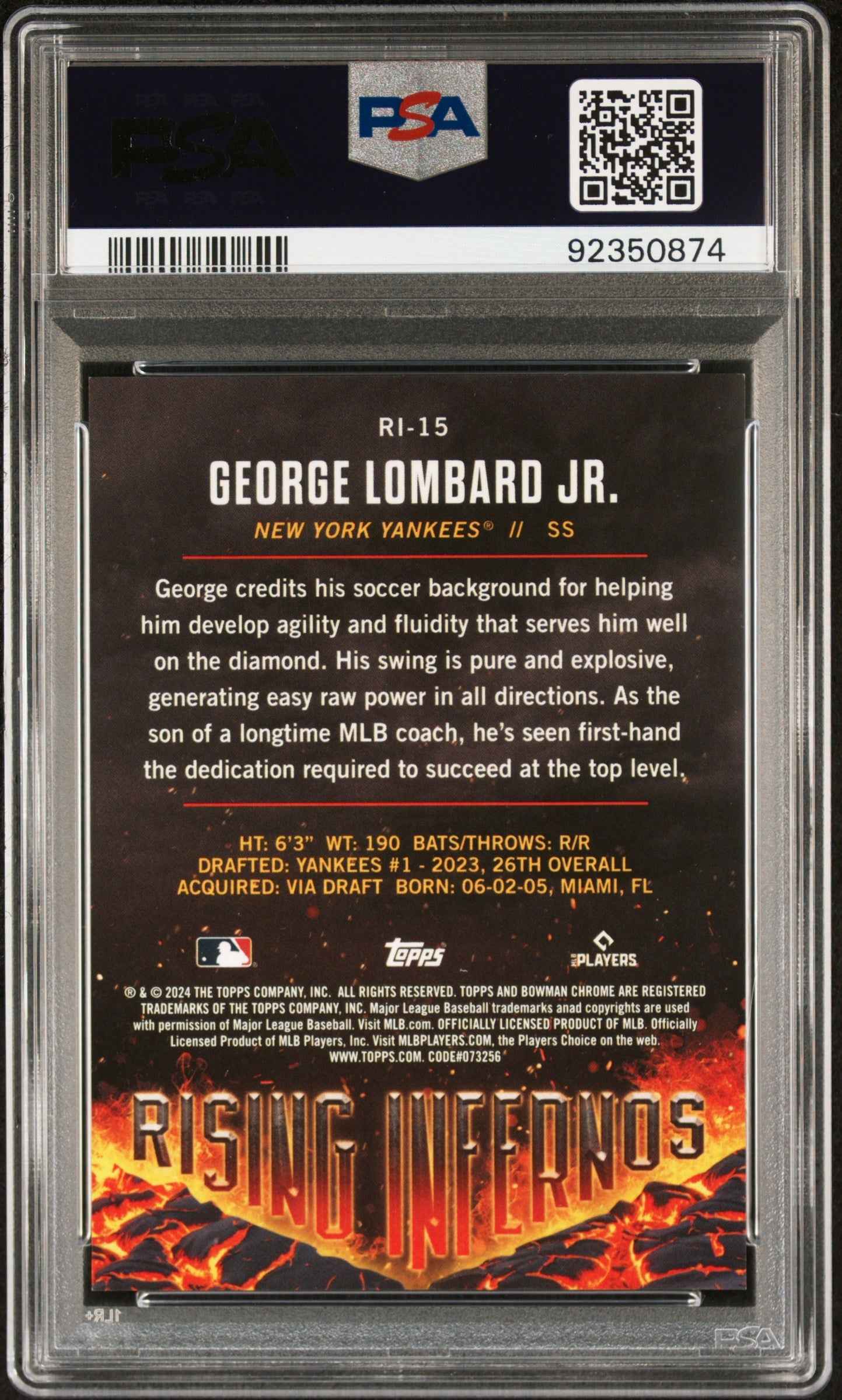 Graded 2024 Topps Bowman George Lombard Jr #RI15 Rising Infernos Green /99 Rookie RC Baseball Card PSA 10 Gem Mint