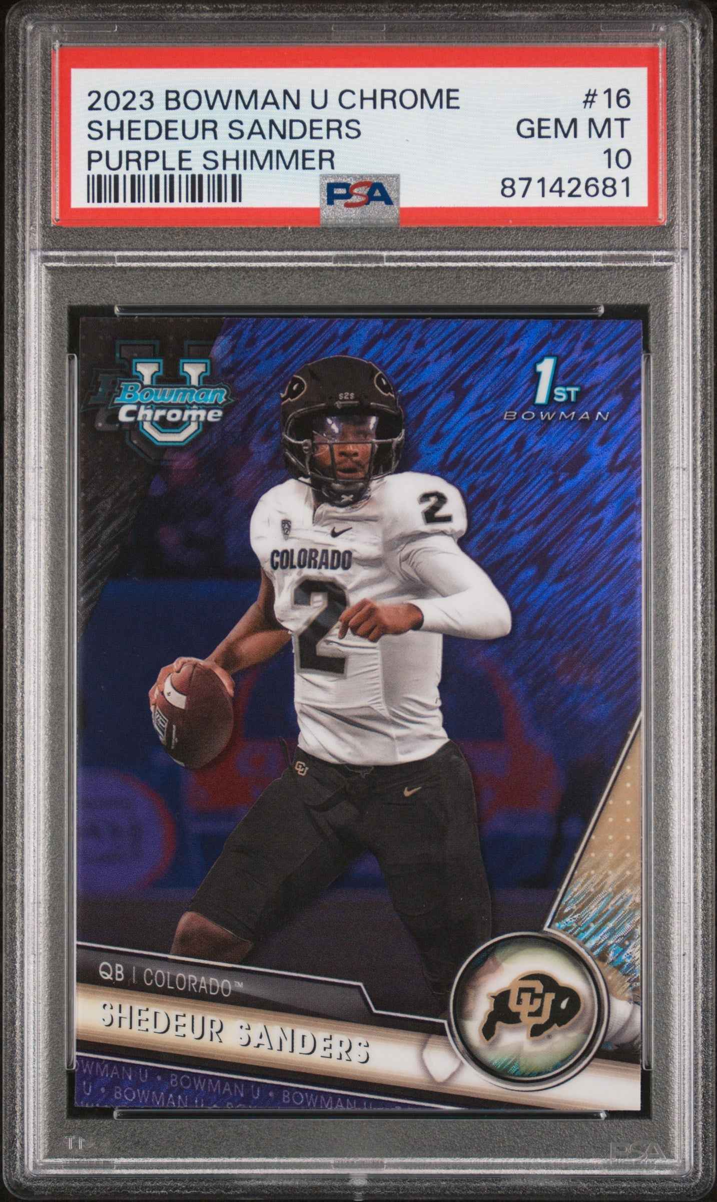 Graded 2023 Topps Bowman U Chrome Shedeur Sanders #16 Purple Shimmer Rookie RC Football Card PSA 10 Gem Mint