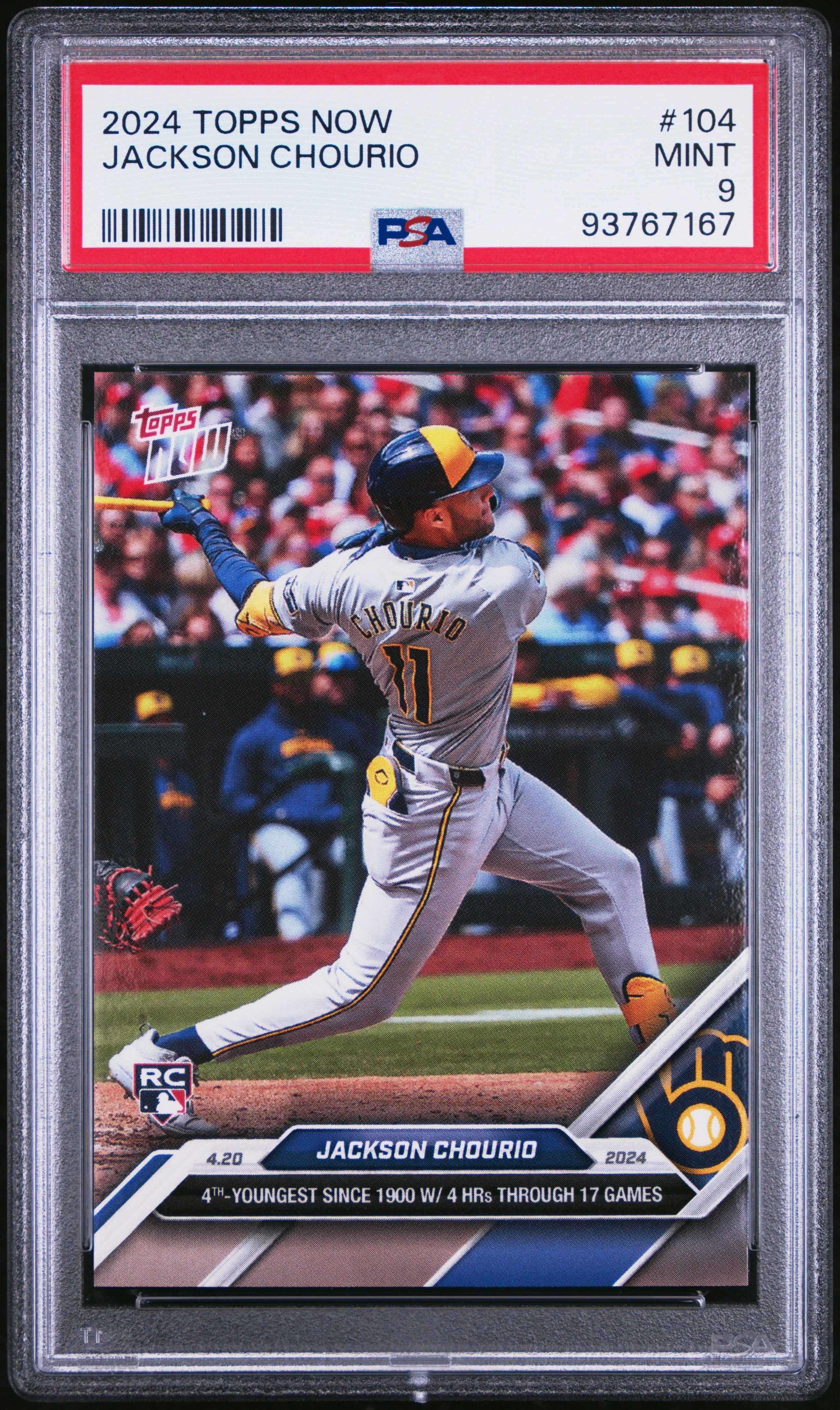 Graded 2024 Topps Now Jackson Chourio #104 Rookie RC Baseball Card PSA 9 Mint