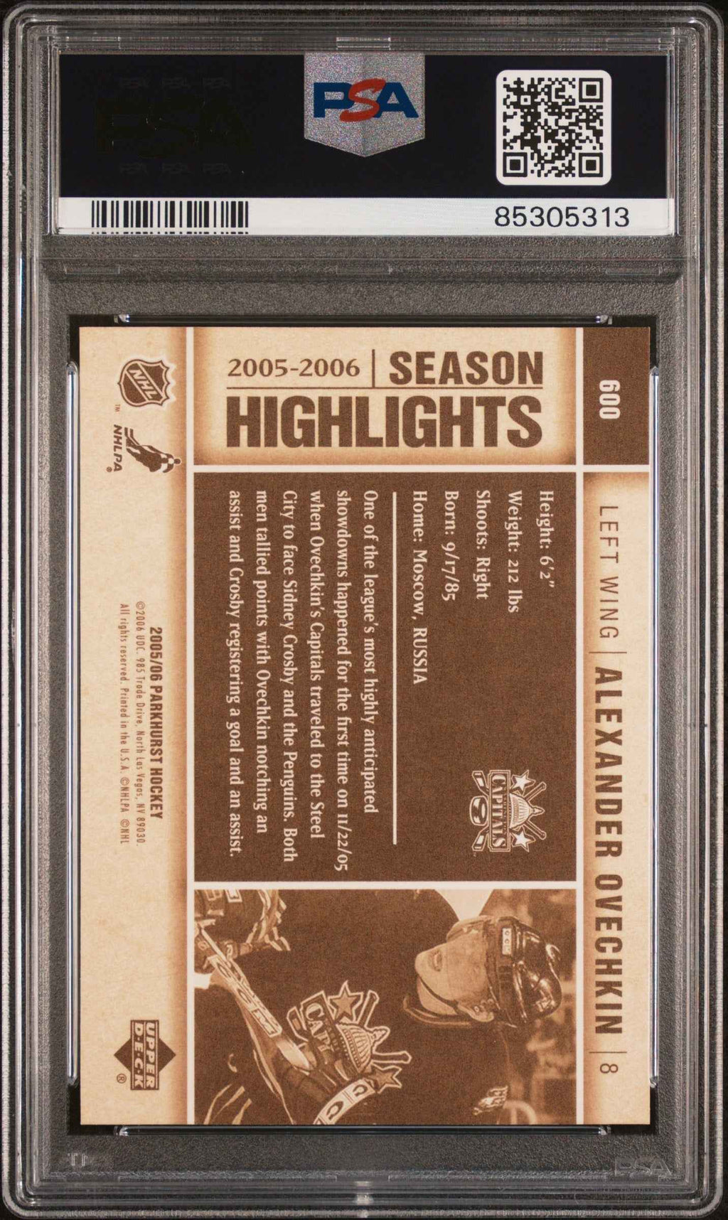 Graded 2005 Upper Deck Parkhurst Alex Ovechkin #600 Rookie RC Hockey Card PSA 10 Gem Mint