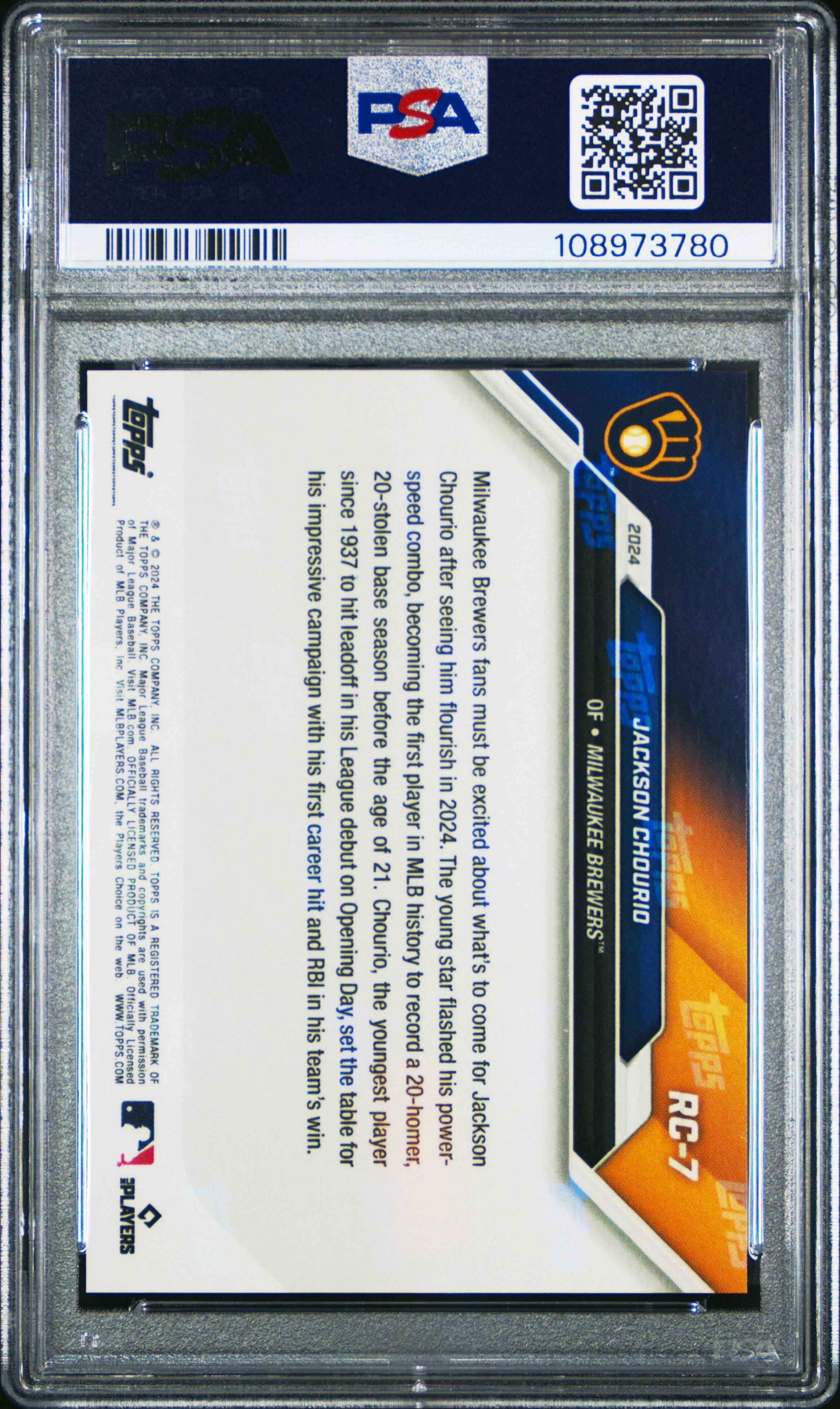 Graded 2024 Topps Now Jackson Chourio #RC7 Rookie Cup Team Set Pearl Rookie RC Baseball Card PSA 10 Gem Mint
