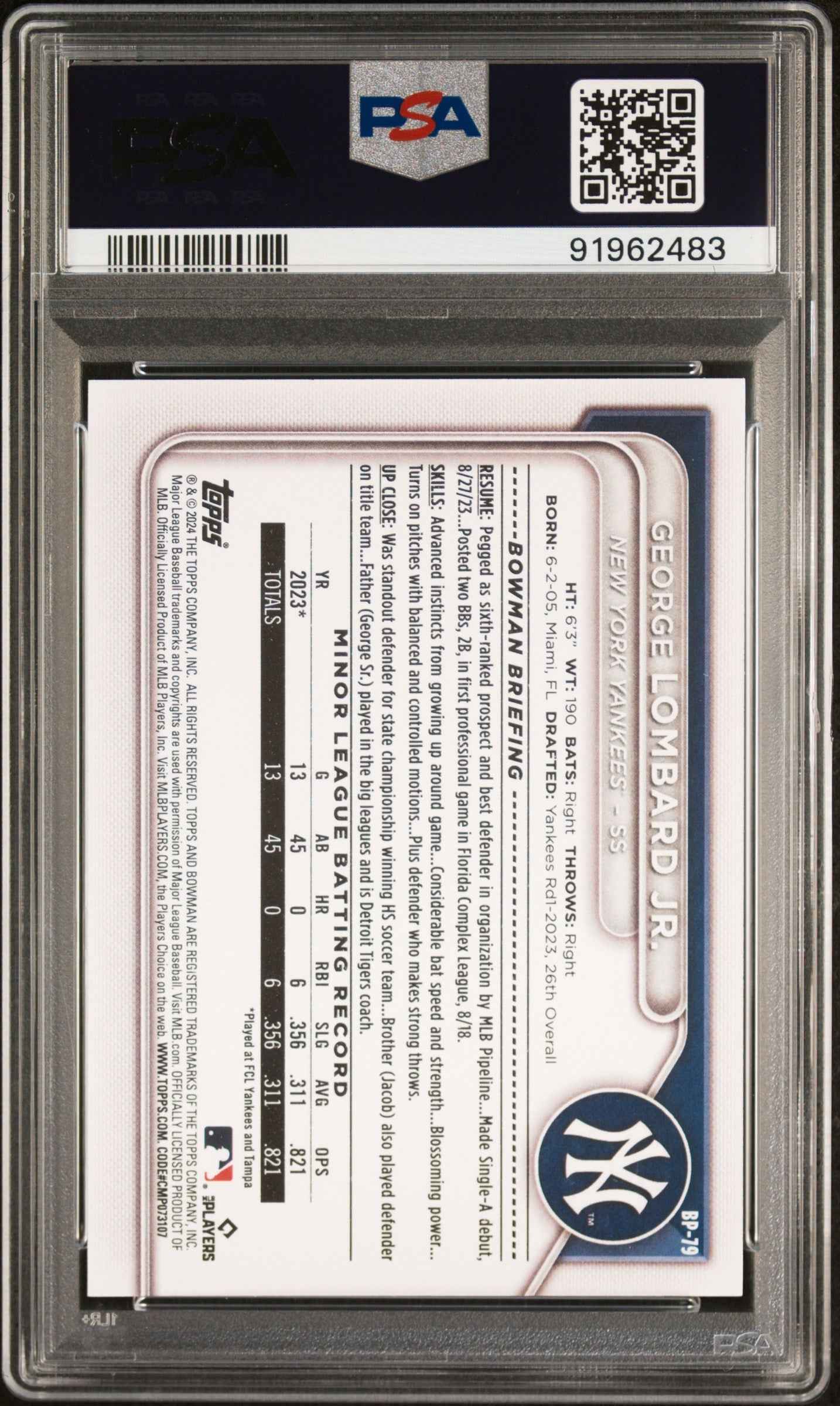 Graded 2024 Topps Bowman George Lombard Jr #BP79 Paper Prospects Rookie RC Baseball Card PSA 10 Gem Mint