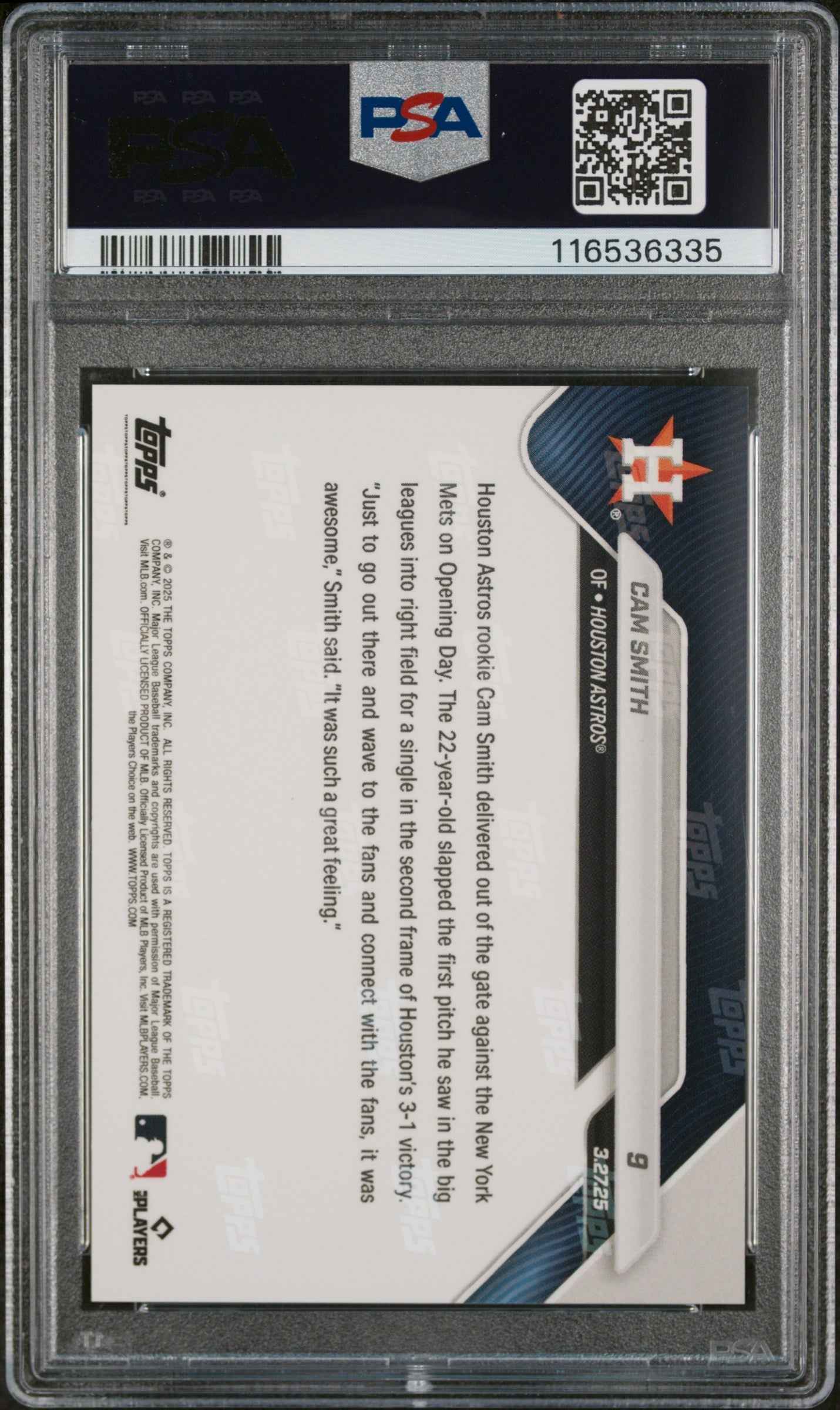 Graded 2025 Topps Now Cam Smith #9 Rookie RC Baseball Card PSA 10 Gem Mint