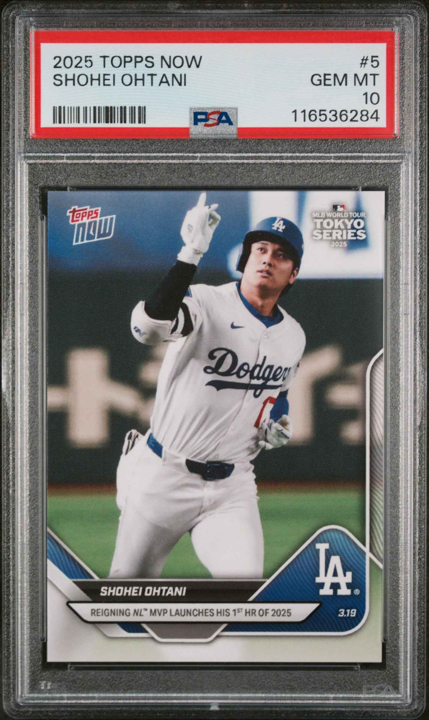 Graded 2025 Topps Now Shohei Ohtani #5 Reigning MVP Launches His 1st HR of 2025 Baseball Card PSA 10 Gem Mint
