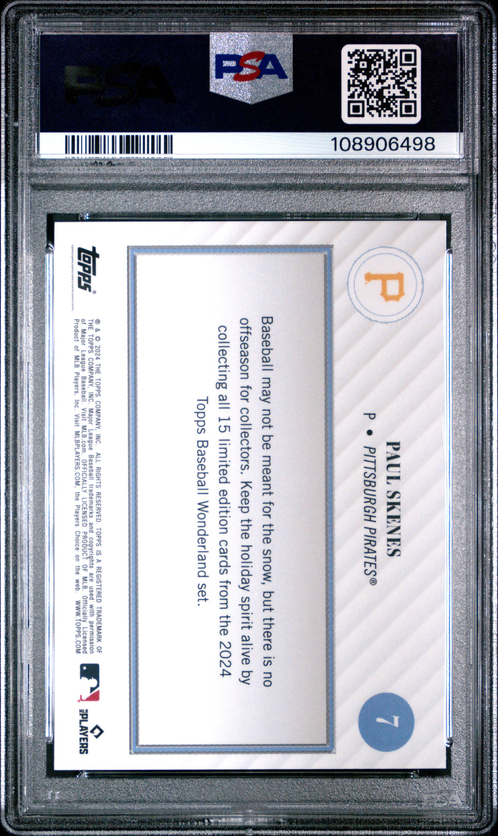 Graded 2024 Topps Wonderland Paul Skenes #7 Rookie RC Baseball Card PSA 9 Mint