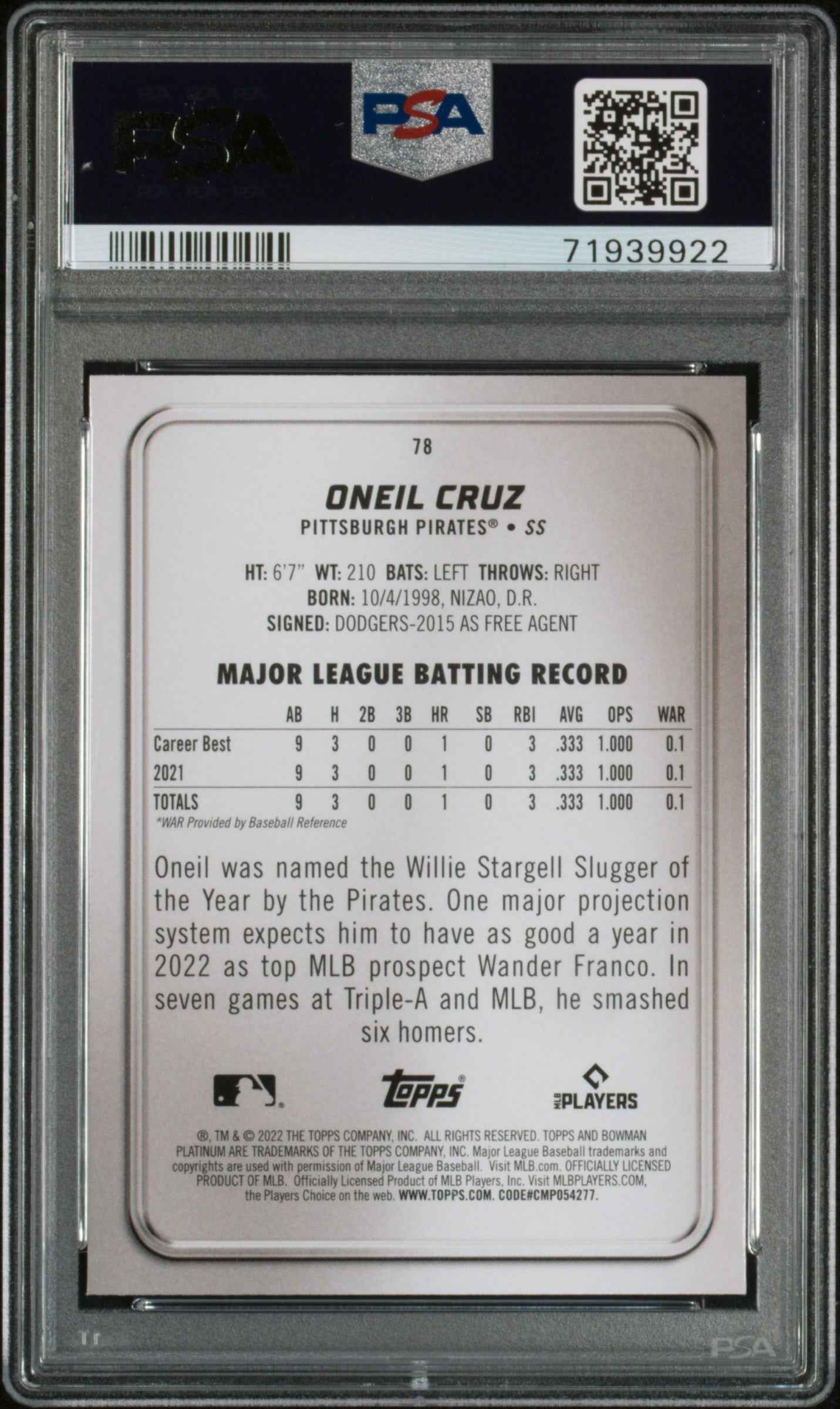 Graded 2022 Topps Bowman Platinum Oneil Cruz #78 Icy Foilboard Rookie RC Baseball Card PSA 10 Gem Mint