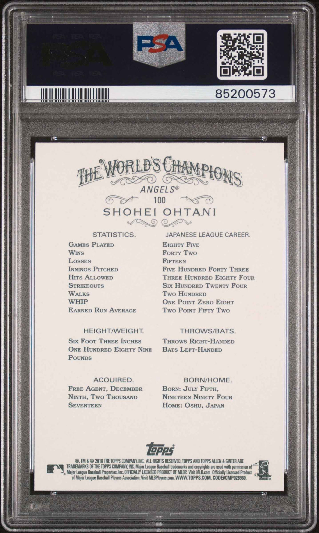 Graded 2018 Topps Allen & Ginter Shohei Ohtani #100 Rookie RC Baseball Card PSA 10 Gem Mint