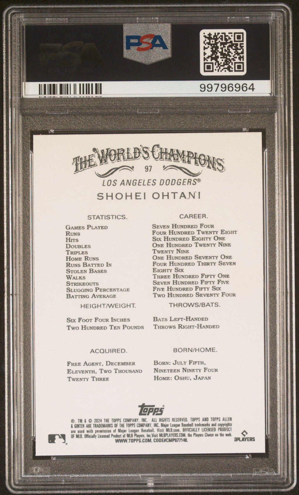 Graded 2024 Topps Allen & Ginter Shohei Ohtani #97 Baseball Card PSA 10 Gem Mint