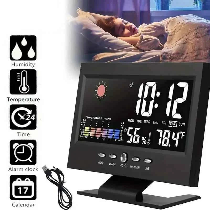 Vibrant Digital Weather Alarm Clock with Voice Control