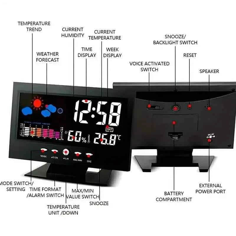 Vibrant Digital Weather Alarm Clock with Voice Control