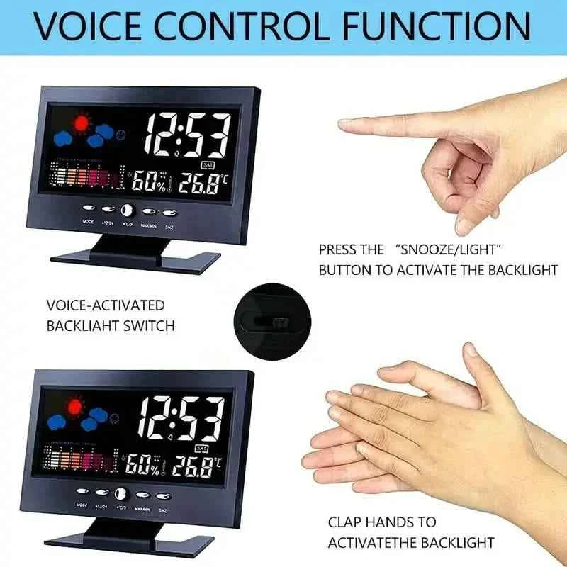 Vibrant Digital Weather Alarm Clock with Voice Control