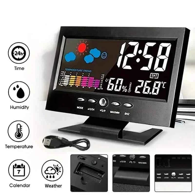 Vibrant Digital Weather Alarm Clock with Voice Control