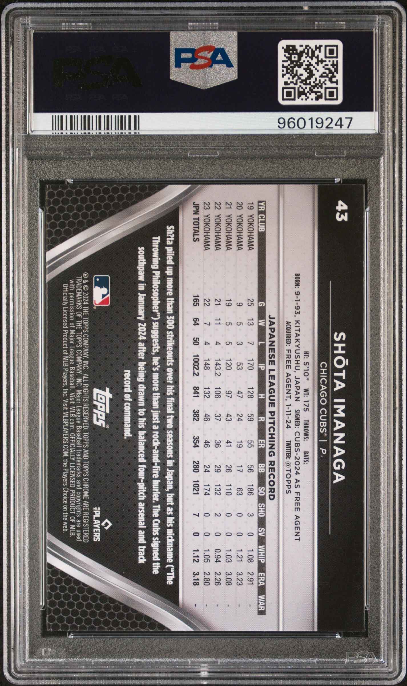 Graded 2024 Topps Chrome Black Shota Imanaga #43 Rookie RC Baseball Card PSA 10 Gem Mint
