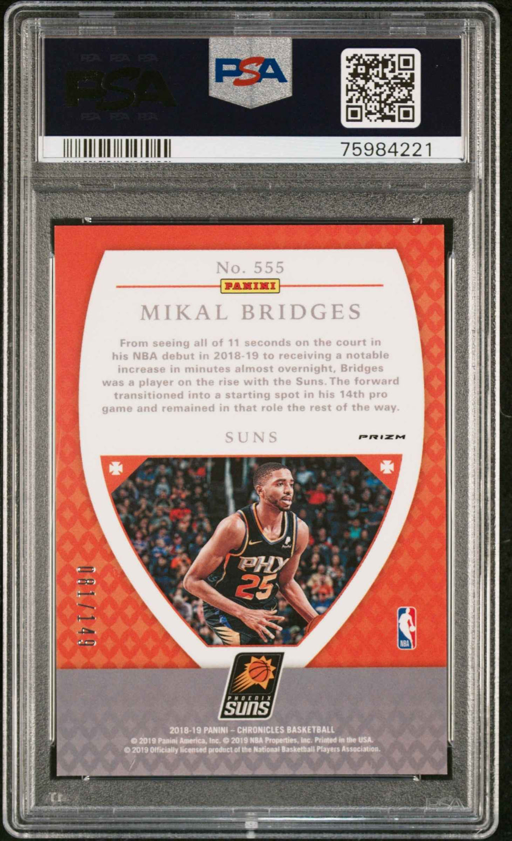 Graded 2018 Panini Chronicles Mikal Bridges #555 Red /149 Rookie RC Basketball Card PSA 10 Gem Mint