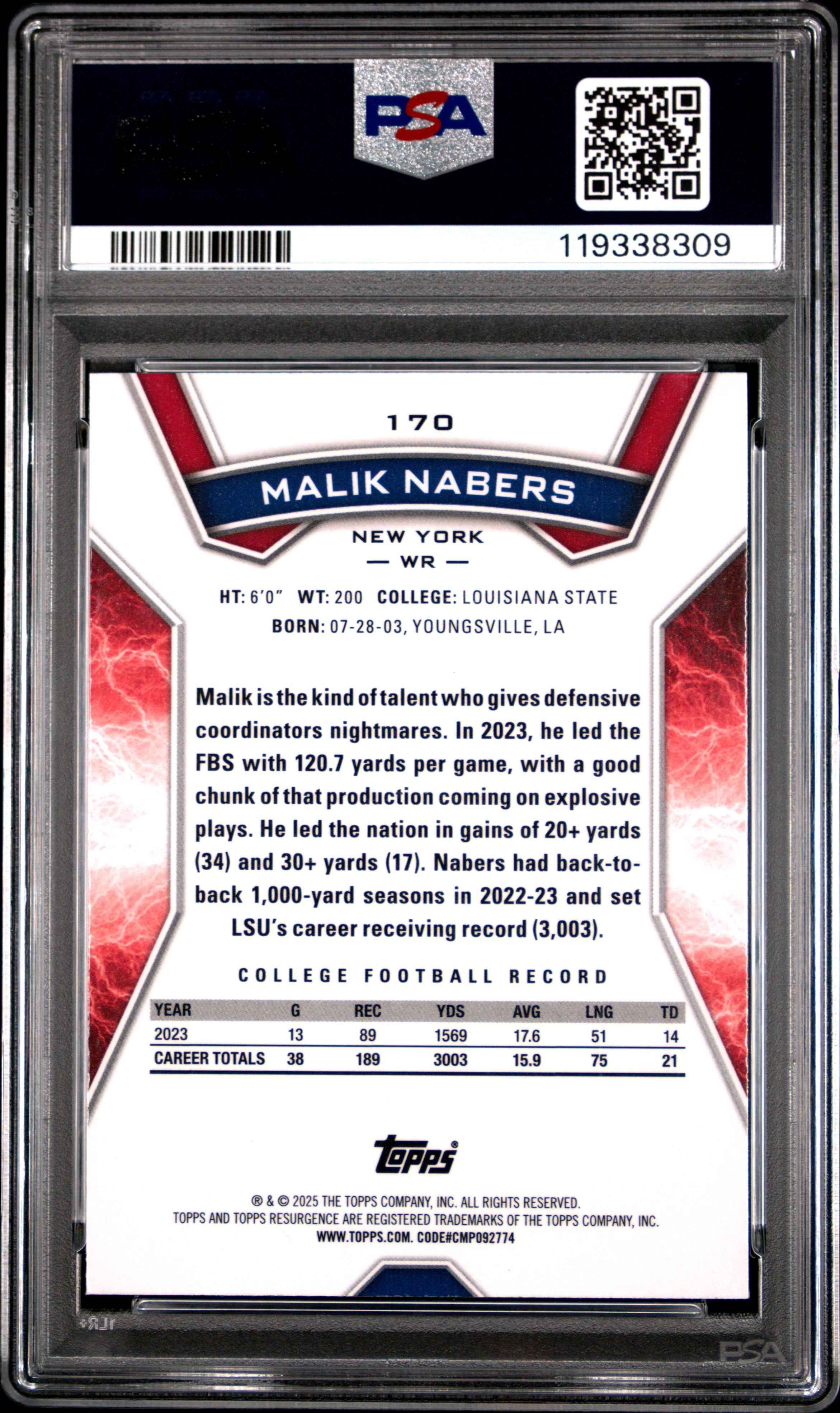 Graded 2024 Topps Resurgence Malik Nabers #170 Blue & Orange Spark Rookie RC Football Card PSA 10 Gem Mint