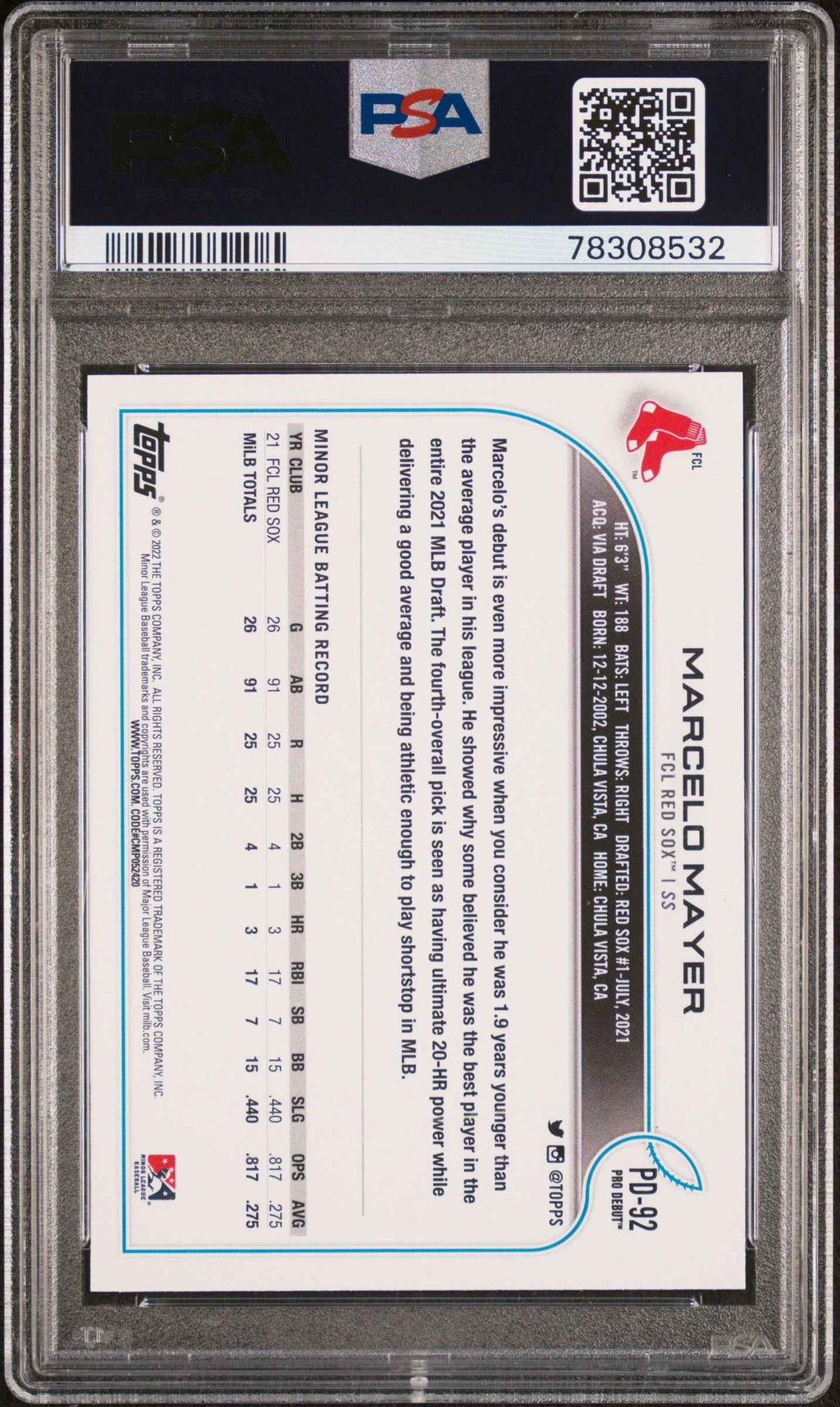 Graded 2022 Topps Pro Debut Marcelo Mayer #PD92 Rookie RC Baseball Card PSA 10 Gem Mint