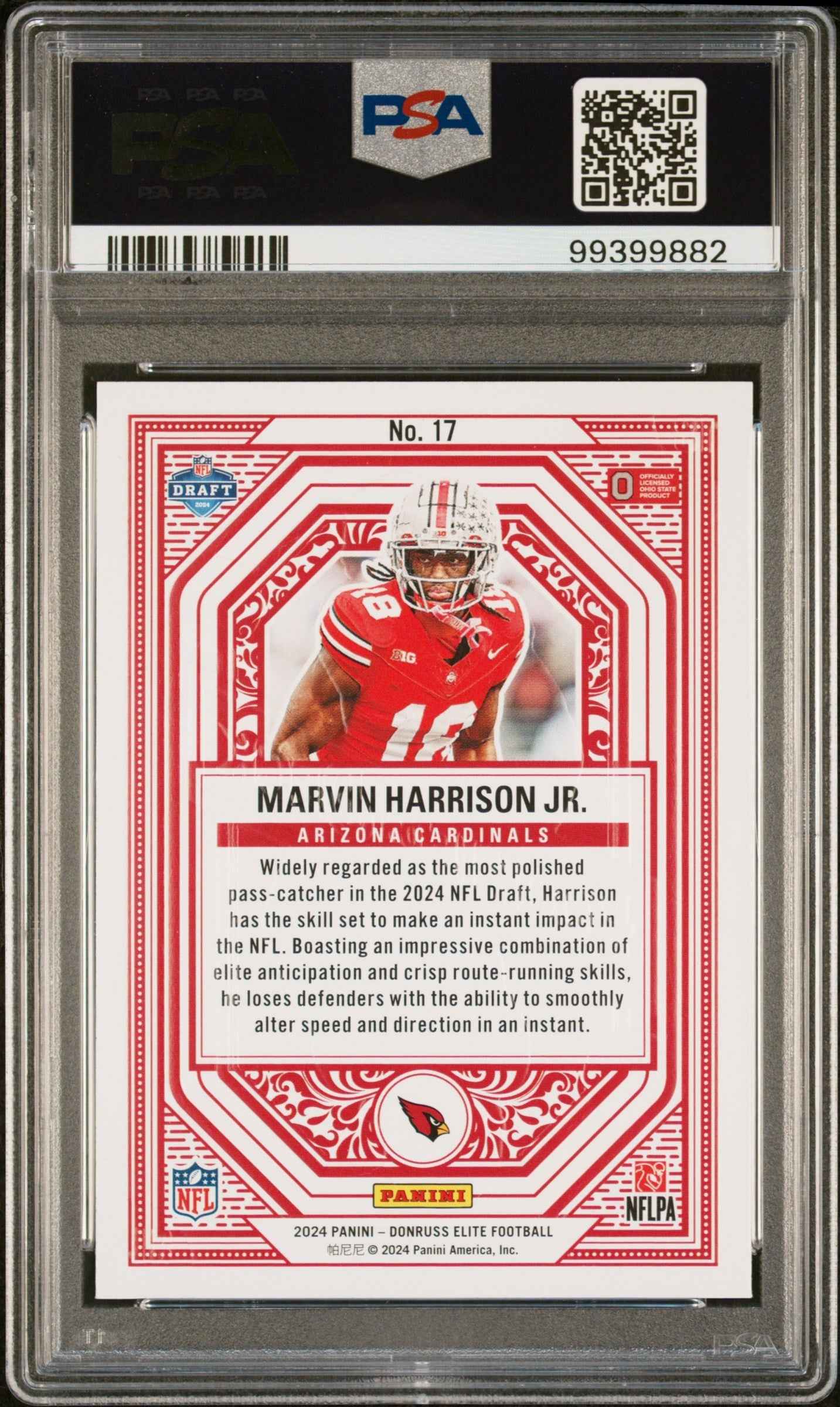 Graded 2024 Panini Donruss Elite Marvin Harrison Jr #17 Rookie On Deck Rookie RC Football Card PSA 10 Gem Mint