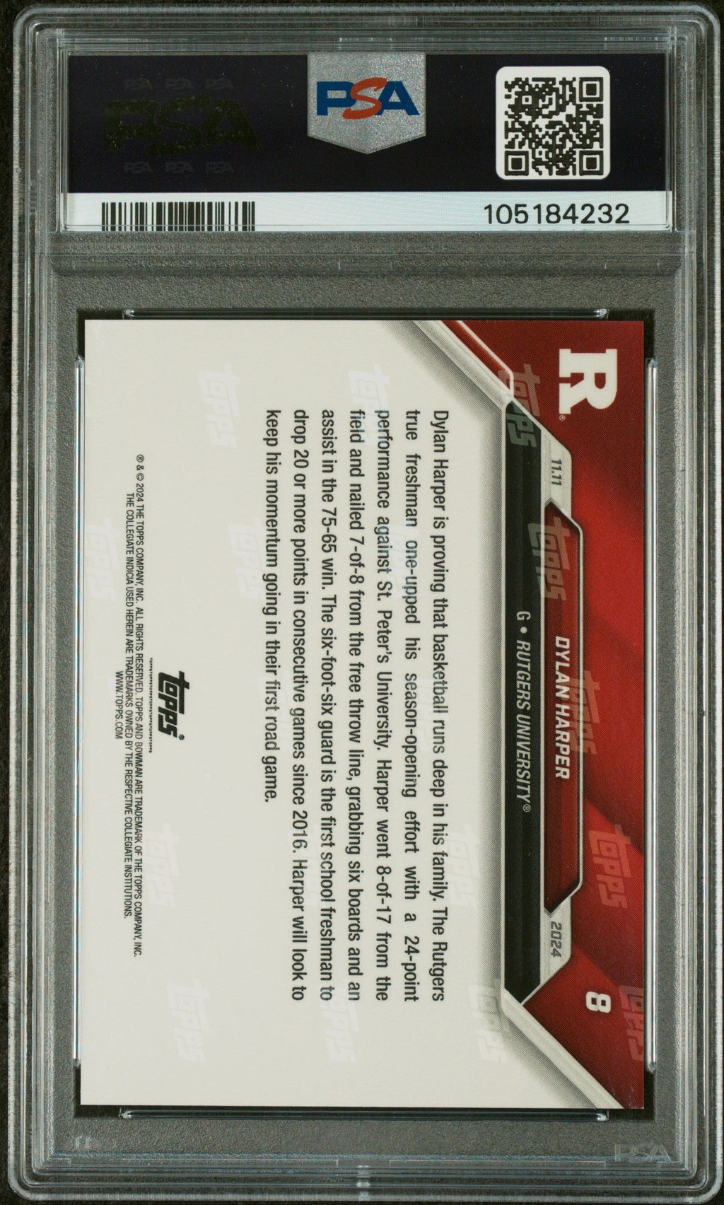 Graded 2024 Topps Bowman U Now Dylan Harper #Purple /25 Rookie RC Basketball Card PSA 9 Auto Grade Mint